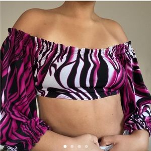 💗Handmade Y2K Graphic Pink, Black, & White Zebra Stripe Off the Shoulder Top💗